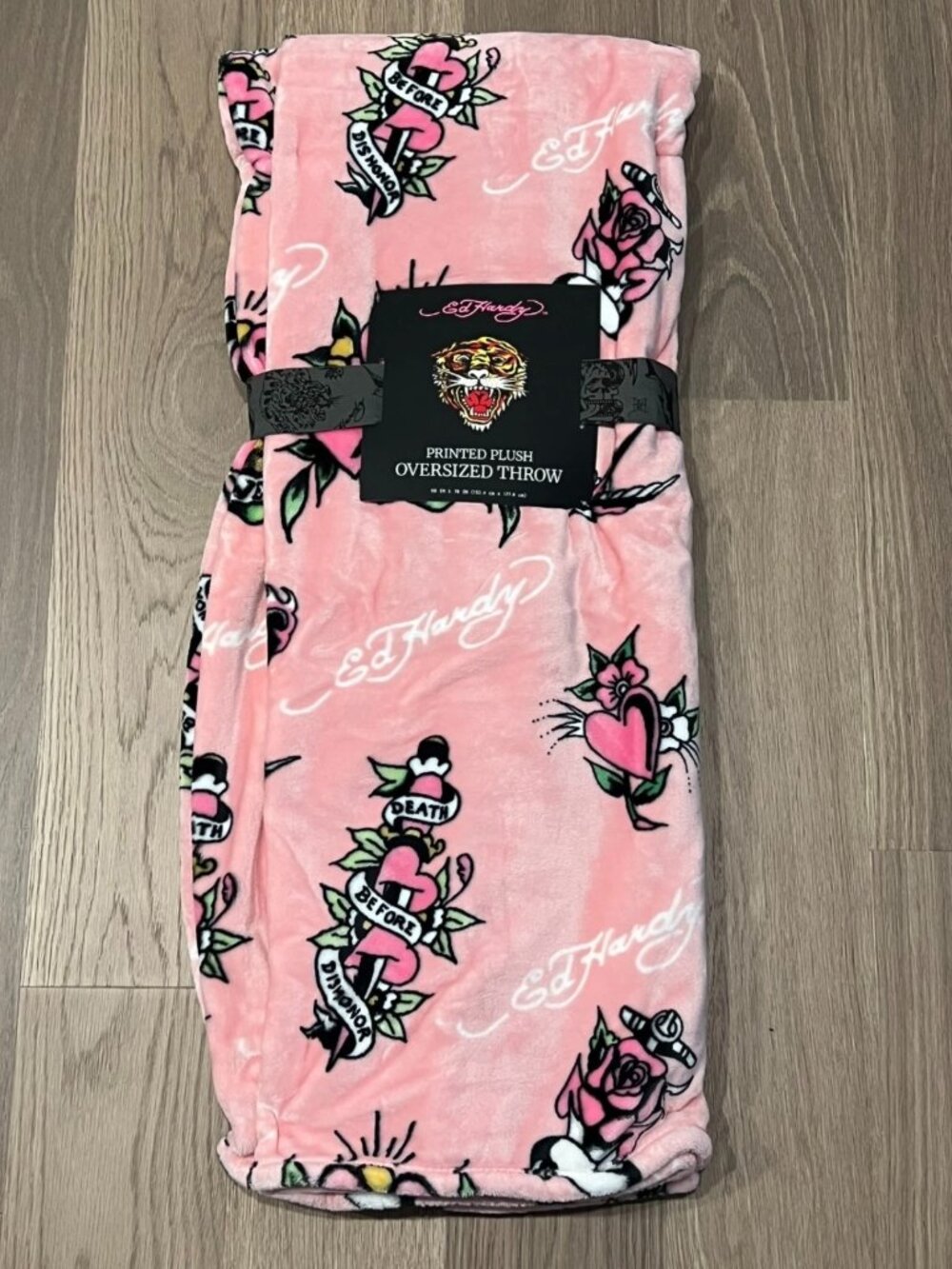 ED HARDY Pink Plush Oversized Throw Blanket 60x70 Skull Roses Floral Tattoo Y2K
